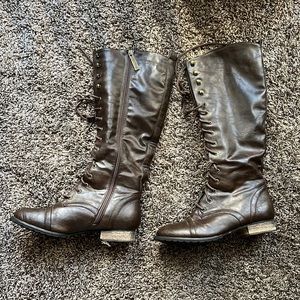 Francesca’s brown lace up knee boots faux leather